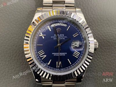 High Quality Replica Rolex Day-Date Silver 316 stainless steel strap Dark Blue Face Dial Silver Bezel Men Watch 40mm